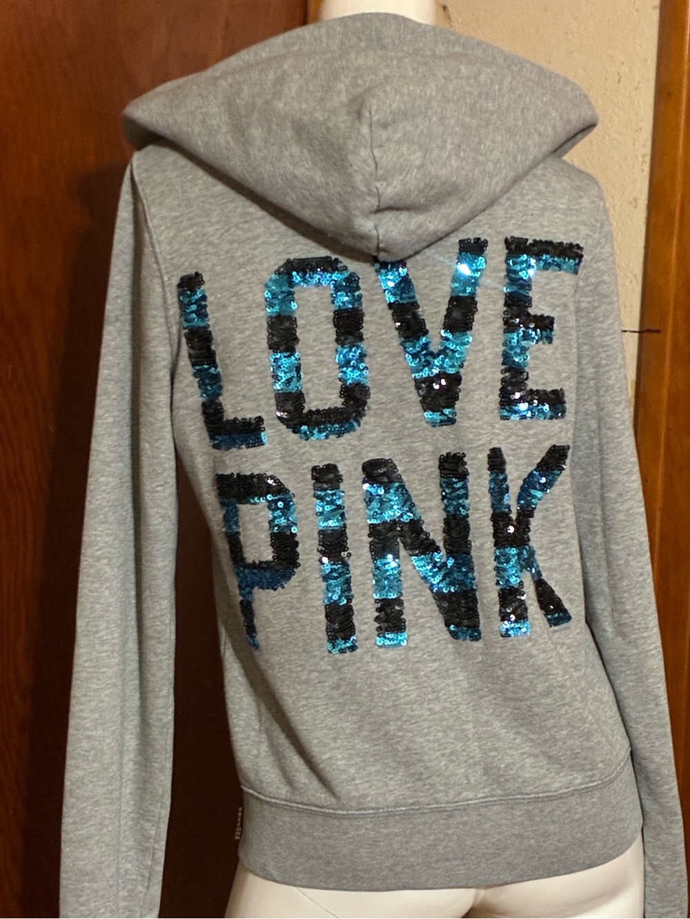 Victoria’s Secret PINK Grey w/ Blue & Black Sequins Zip Up Hoodie - Picture 4 of 4